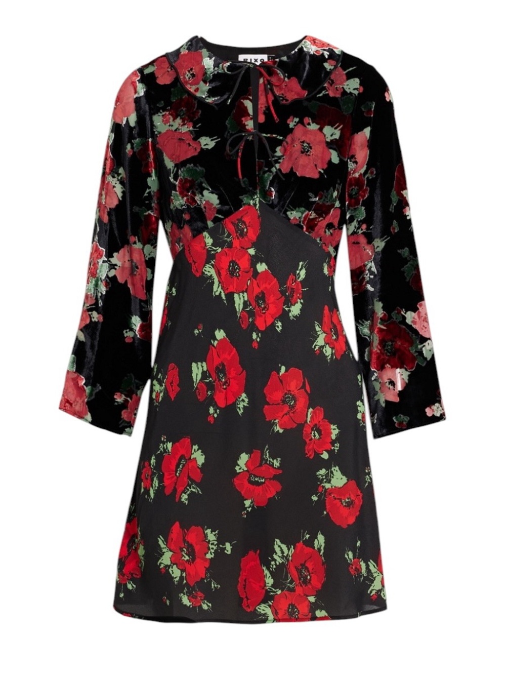 New RIXO Malibu Black and Red Floral Velvet-Trim Dress Mini Dress Size XL